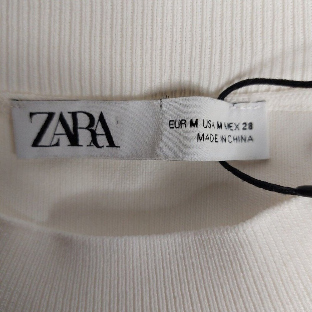 Zara Womens Top Medium Ribbed Short Sleeve Embroidered Flower Sleeves Ivory - Picture 11 of 16